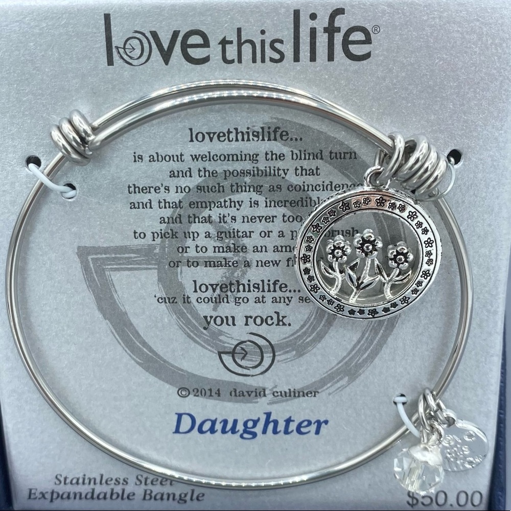 NIB Love This Life Bangle Daughter Charm Bracelet Stainless Steel Expandable
